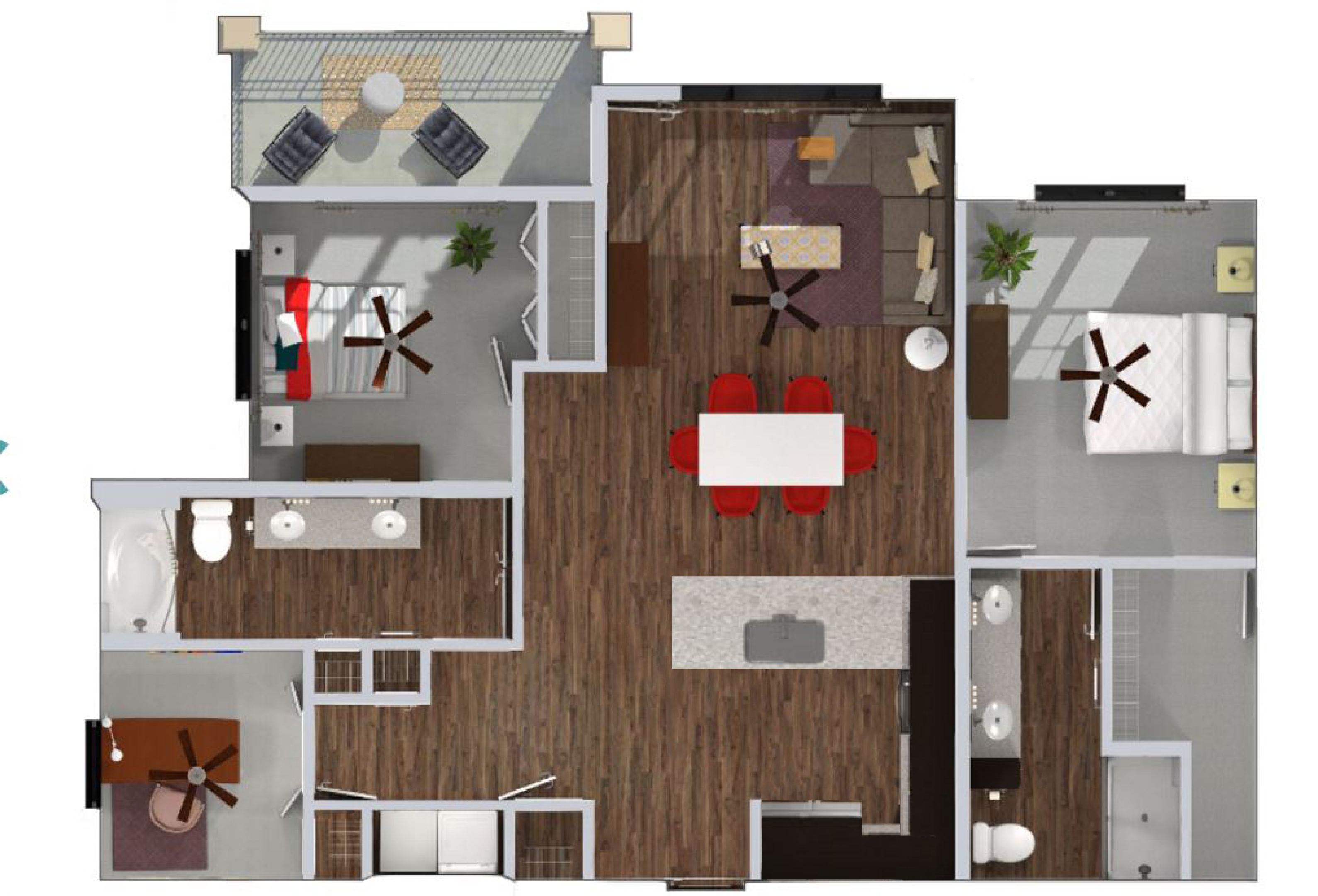 Floor plan for 2 beds, 2 baths, 1303 sqft